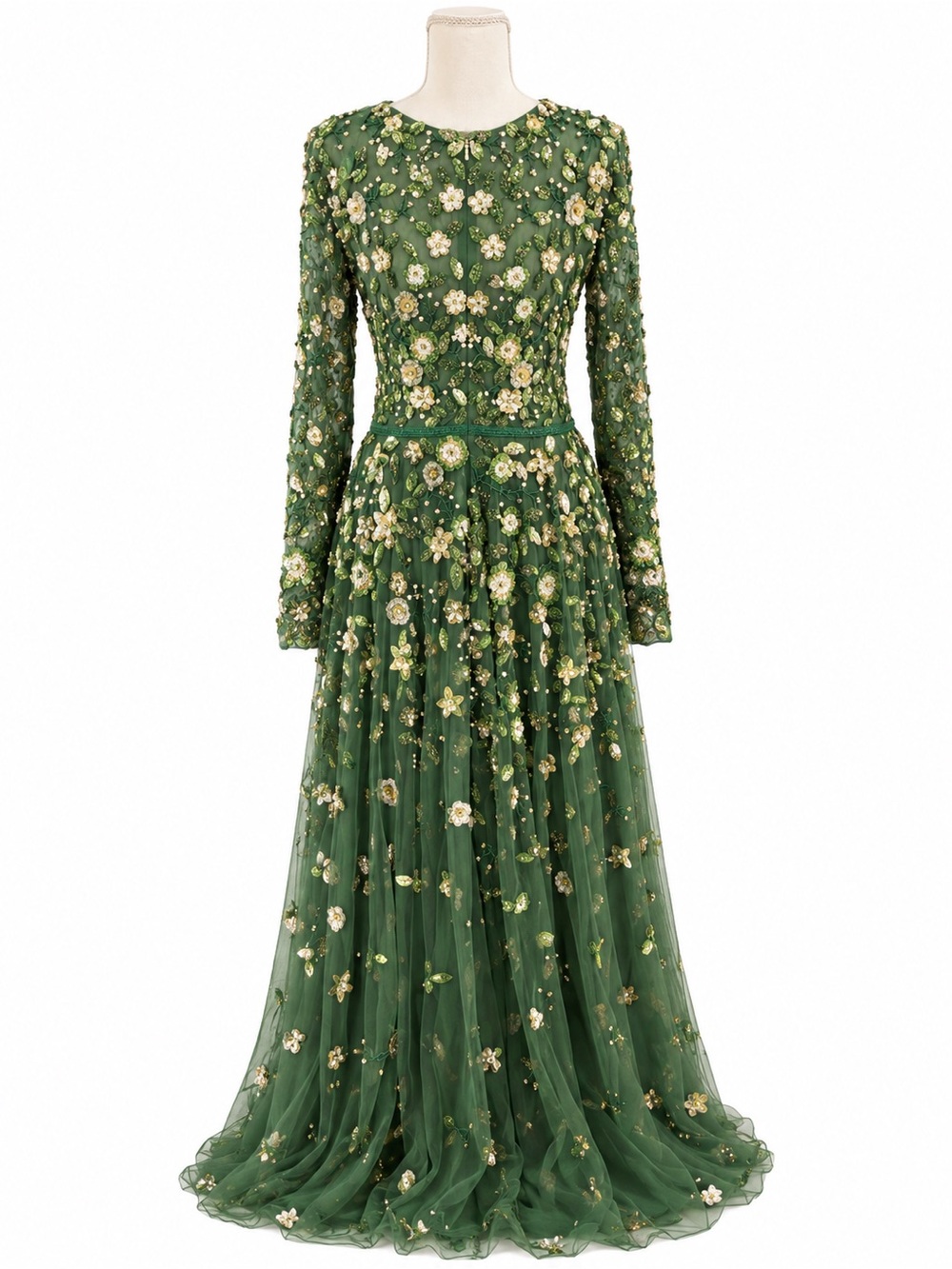 Mac Duggal Forest Green Embroidered Tulle Maxi Gown